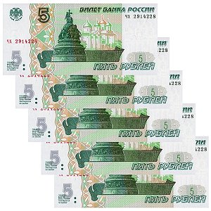 Promoção - Russia - 5 Cédulas de 5 Rublos 2022 - P-267a - Sequência - FE