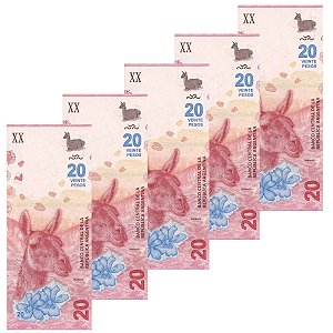 Argentina - 5 Cédulas de 20 Pesos 2017 - P-361a - Guanaco - Sequência - FE