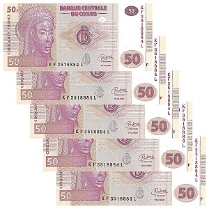 Congo - 5 Cédulas de 50 Francs 2022 - P-97Ab - Sequência - FE