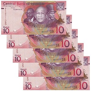 Lesoto - 5 Cédulas de 10 Maloti 2021 - P-26a - Sequência - FE
