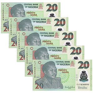 Nigéria - 5 Cédulas de 20 Naira 2013 - P-34i - Polímero - Sequência - Flor de Estampa