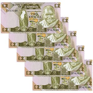 Zambia - 5 Cédulas de 2 Kwacha 1986 - P-24c - Sequência - FE