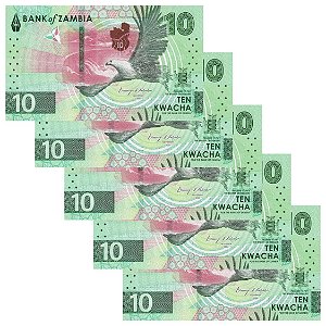 Zambia - 5 Cédulas de 10 Kwacha 2024 - P-62a - Hibrida - Sequência - FE