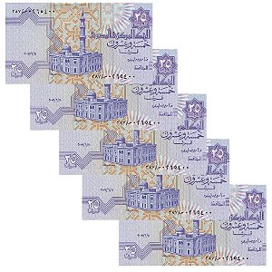 Egito - 5 Cédulas de 25 Piastres 2007 - P-57h - Sequência - FE