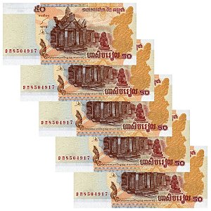 Camboja - 5 Cédulas de 50 Riels 2002 - P-52a - Sequência - Flor de Estampa