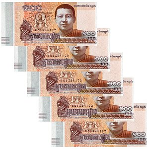 Camboja - 5 Cédulas de 100 Riels 2014 - P-65a - Sequência - Flor de Estampa