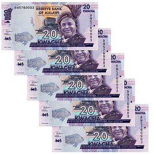 Malawi - 5 Cédulas de 20 Kwacha 2019 - P-63e - Sequência - Flor de Estampa