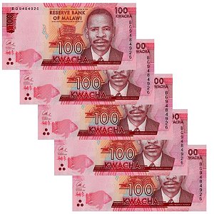 Malawi - 5 Cédulas de 100 Kwacha 2017 - P-65c - Sequência - Flor de Estampa