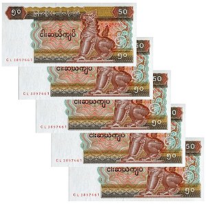 Myanmar - 5 Cédulas de 50 Kyats 1997 - P-73b - Sequência - Flor de Estampa