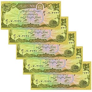 Afeganistão - 5 Cédulas de 10 Afghanis 1979 - P-55a - Sequência - Flor de Estampa