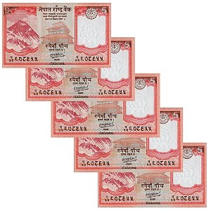 Nepal - 5 Cédulas de 5 Rupees 2020 - P-76b - Sequência - Flor de Estampa