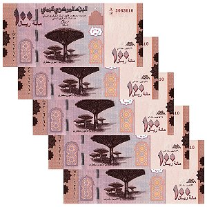 Iemen - 5 Cédulas de 100 Ryals 2018 - P-37a - Sequência - Flor de Estampa