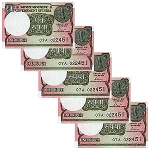 India - 5 Cédulas de 1 Rupee 2017 - P-117c - Sequência - Flor de Estampa