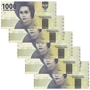 Indonesia - 5 Cédulas de 1000 Rupiah 2016 - P-154a - Tjut Meutia - Sequência - Flor de Estampa