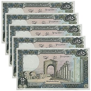 Libano - 5 Cédulas de 250 Livres 1986 - P-67e - Módulo Grande - Soberbas