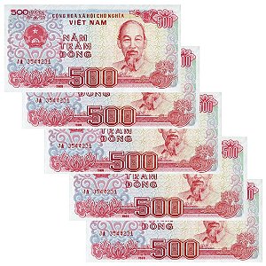 Vietnã - 5 Cédulas de 500 Dong 1988 - P-101a - Sequência - Flor de Estampa