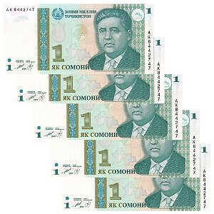 Tadjiquistão - 5 Cédulas de 1 Somoni 1999 - P-14b - Sequência - Flor de Estampa