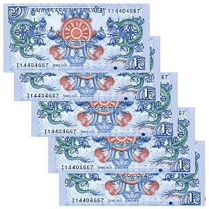Butão - 5 Cédulas de 1 Ngultrum 2013 - P-27b - Sequência - Flor de Estampa