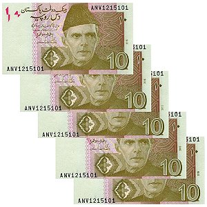 Paquistão - 5 Cédulas de 10 Rupees 2016 - P-45k - Sequência - FE