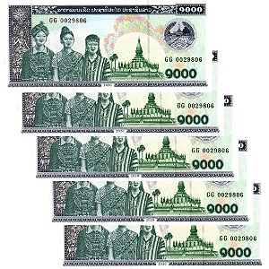 Laos - 5 Cédulas de 1000 Kip 2020 - P-32Ac - Sequência - Flor de Estampa