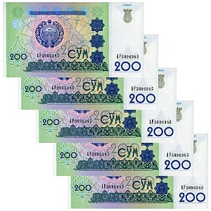 Uzbequistão - 5 Cédulas de 200 Som 1997 - P-80a - Sequência - Flor de Estampa