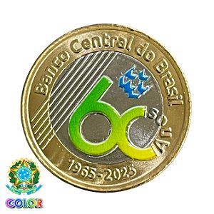 Colorida - Moeda 1 Real 2025 - 60 Anos do BC - Colorizada - Flor de Cunho