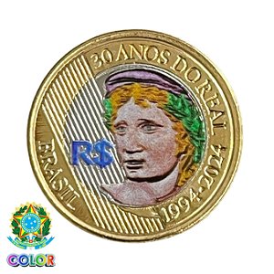 Colorida - Moeda 1 Real 2024 - 30 Anos do Real - Colorizada - Flor de Cunho
