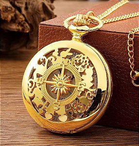 Relógio de Bolso Vintage Pontos Cardeais Gold - Serve como Colar e Pingente