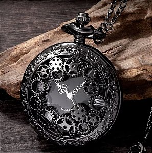 Relógio de Bolso Vintage Engrenagem Black - Serve como Colar e Pingente