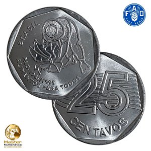 Moeda de 25 Centavos 1995 - FAO - V-456 - Flor e Cunho - Aço Inoxidavel - 23.5mm - 4.80g