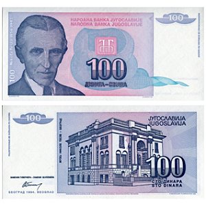 Iugoslávia - Cédula de 100 Dinara 1994 - P-139a - Nikola Testa - FE