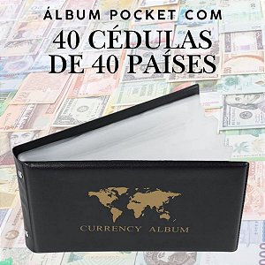 Álbum Pocket Capa Dura com 40 Cédulas Estrangeiras de 40 Países - África, Ásia, Américas e Europa - FE