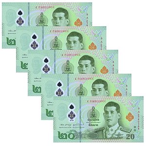 Tailândia - 5 Cédulas de 20 Baht 2022 - P-141Aa - Polìmero - FE