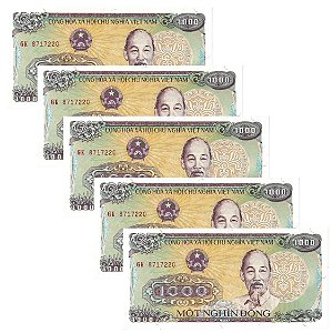 Vietnã - 5 Cédulas de 1000 Dong 1988 - P-106a - Flor de Estampa