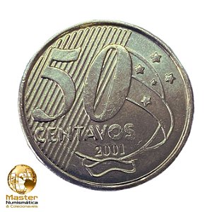 Moeda de 50 Centavos 2001 - Cuproniquel - RARA - V-547 - Flor de Cunho