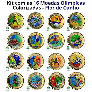 Coloridas - Conjunto com todas as 16 Moedas das Olimpiadas Coloridas - Flor de Cunho
