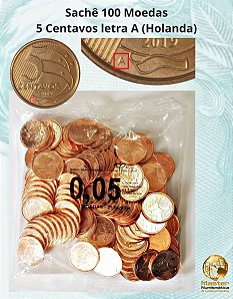 Sachê com 100 Moedas de 5 Centavos 2019 - Letra A - V-485a - Flor de Cunho
