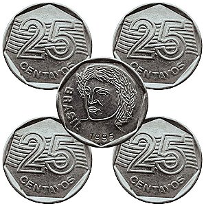 04 Moedas de 25 Centavos 1995 - V-451 - Circuladas - Aço Inoxidavel - 23.5mm - 4,78g