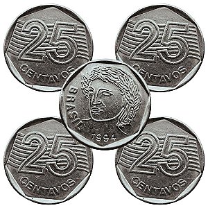 04 Moedas de 25 Centavos 1994 - V-450 - Circuladas - Aço Inoxidavel - 23.5mm - 4,78g