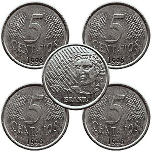 04 Moedas de 5 Centavos 1996 - V-444 - Circuladas - Aço Inoxidavel - 21.0mm - 3.27g