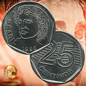 Moeda de 25 Centavos 1995 - V-451 - Flor de Cunho - Aço Inox - 23.5mm - 4,78g