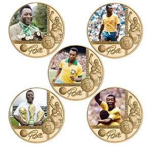 Kit Com 5 Moedas do Rei PELÉ - Douradas / Coloridas - Homenagem as Copas de 1958 a 1970