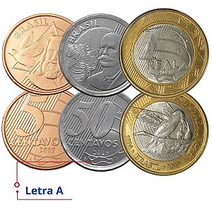 Trio de Moeda 2019 - Beija Flor + Letra A - 1 Real + 5 e 50 Centavos 2019 V-485a/564a/624 - Flor de Cunho