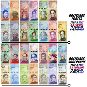 Venezuela - Set completo com 27 Cédulas - 2 a 1 Milhão de Bolivares Fortes e Soberanos - Flor de Estampa