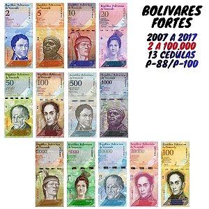 Venezuela - Set com 13 Cédulas - 2 a 100.000 Bolivares Fortes - Flor de Estampa