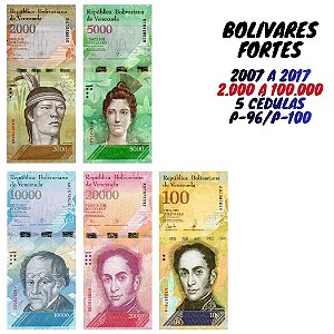 Venezuela - Set com 5 Cédulas - 2000 a 100.000 Bolivares Fortes - Flor de Estampa
