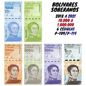Venezuela - Set com 6 Cédulas - 10.000 a 1 Milhão de Bolivares Soberanos 2018 - Flor de Estampa