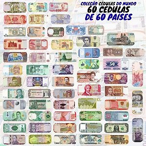 Kit com 60 Cédulas Estrangeiras de 60 Países sem repetição - África, Ásia, Américas e Europa - 100% Flor de Estampa.