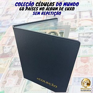 Álbum de Luxo com 60 Cédulas Estrangeiras de 60 Países sem repetição - África, Ásia, Américas e Europa - 100% Flor de Estampa.