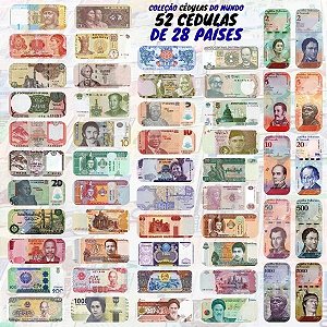 Kit com 52 Cédulas Estrangeiras de 28 Países - África, Ásia, Américas e Europa - 100% Flor de Estampa.
